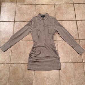 Striped Long-Sleeve Shirt Dress in Taupe